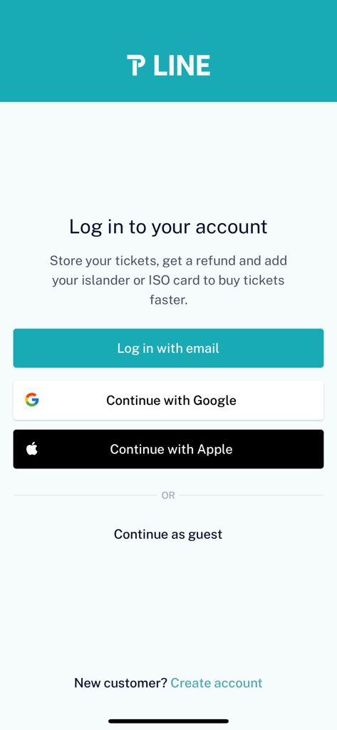 Écran de connexion de l'application TP Line avec des options pour se connecter en utilisant un compte email, Google ou Apple
