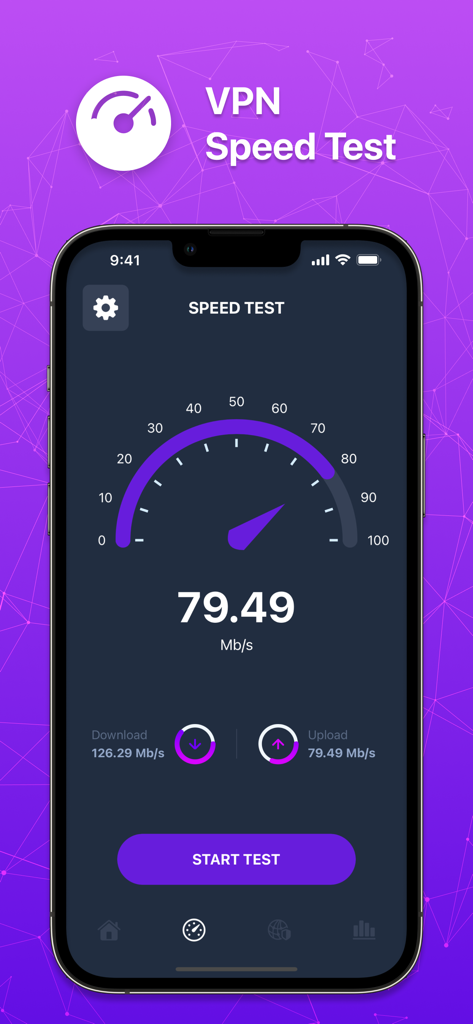 A smartphone interface showing a high speed internet performance test within the VPN ERO app.