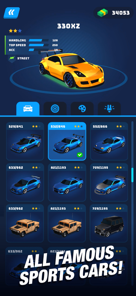 Car selection menu in Race Master 3D showing various sports cars and vehicle stats
