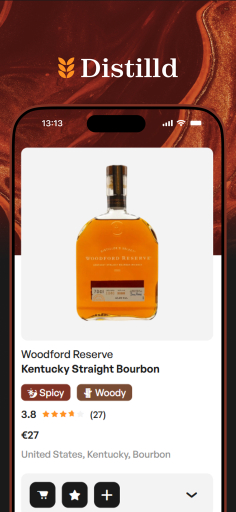 Screenshot of the Distilld app displaying a product page for Woodford Reserve Kentucky Straight Bourbon with tasting notes and community ratings