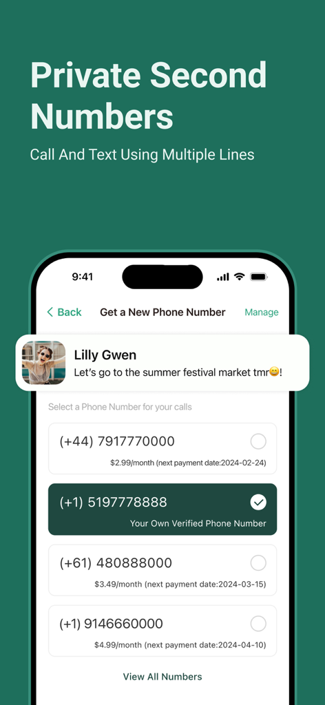 WeTalk app interface showing a selection of international second phone numbers from the UK, USA, and Australia for private calling and texting.