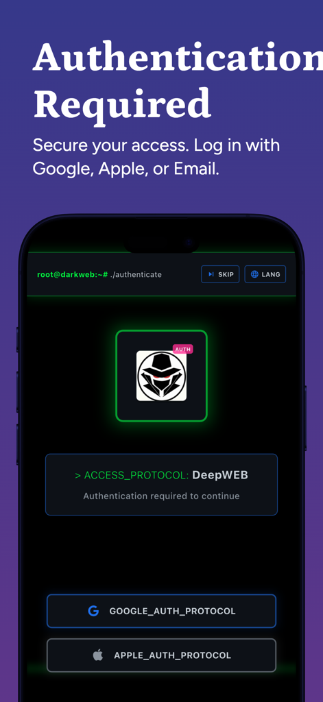 Authentication screen of the Deep Web and Dark Web app with login options for Google and Apple
