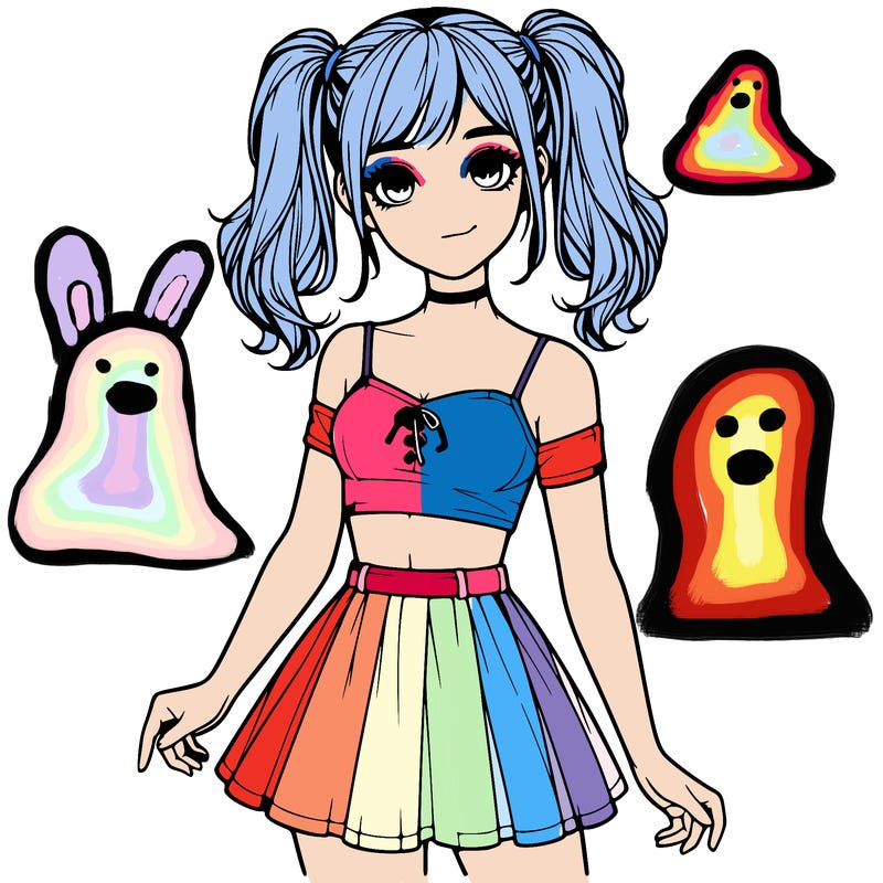 realistic girl in a skirt crop top and pigtails