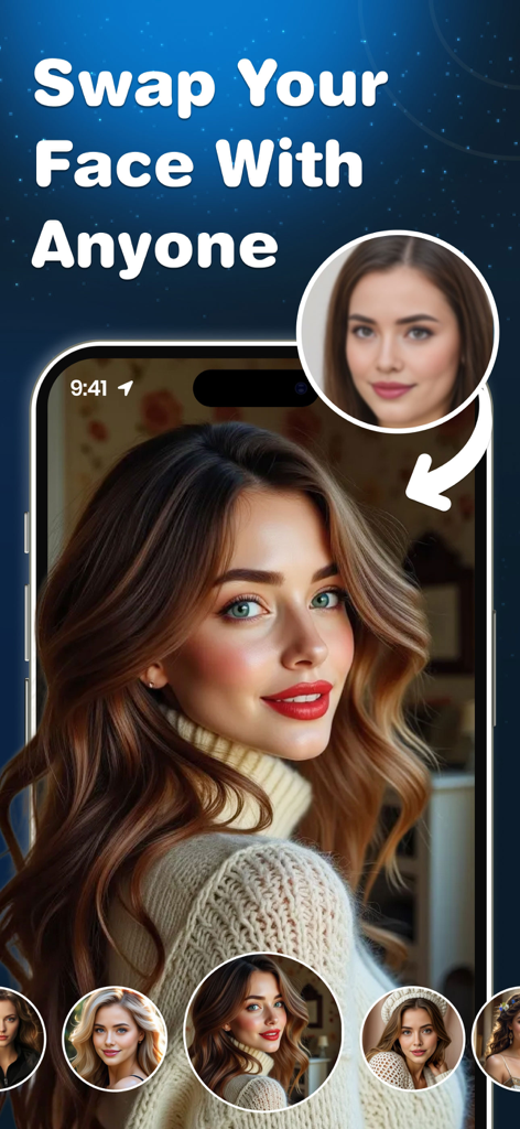 FunSwap app screen showing the AI face swap feature with a woman portrait
