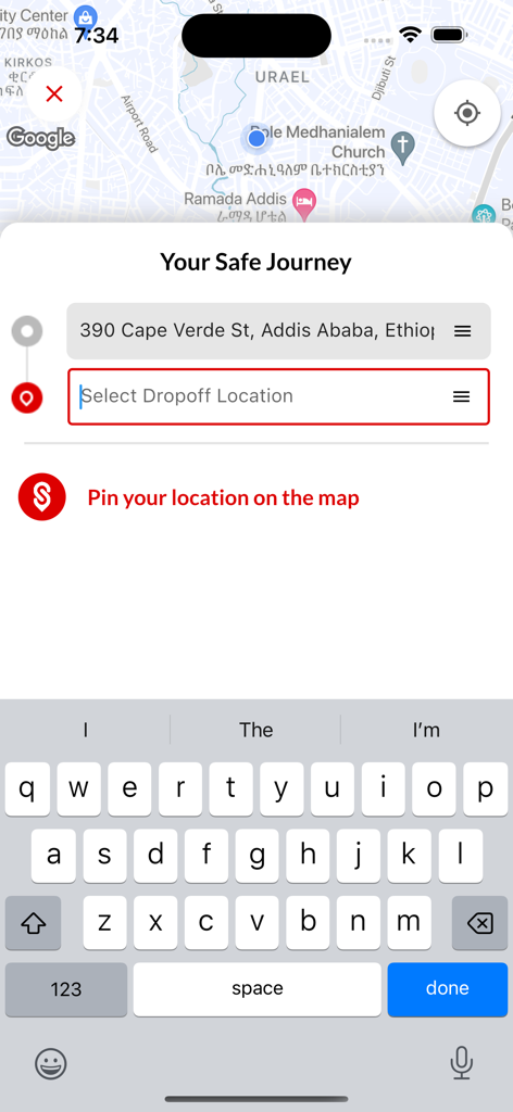 Safe ET - Safe ET app screen showing the ride booking process with a map of Addis Ababa and destination input fields.