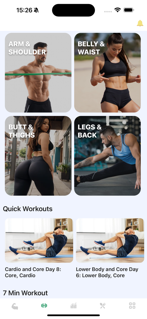 Arm Workout & Bicep Exercise#1 - Panel de la aplicación de fitness mostrando categorías de entrenamiento para brazos, hombros, abdomen y piernas