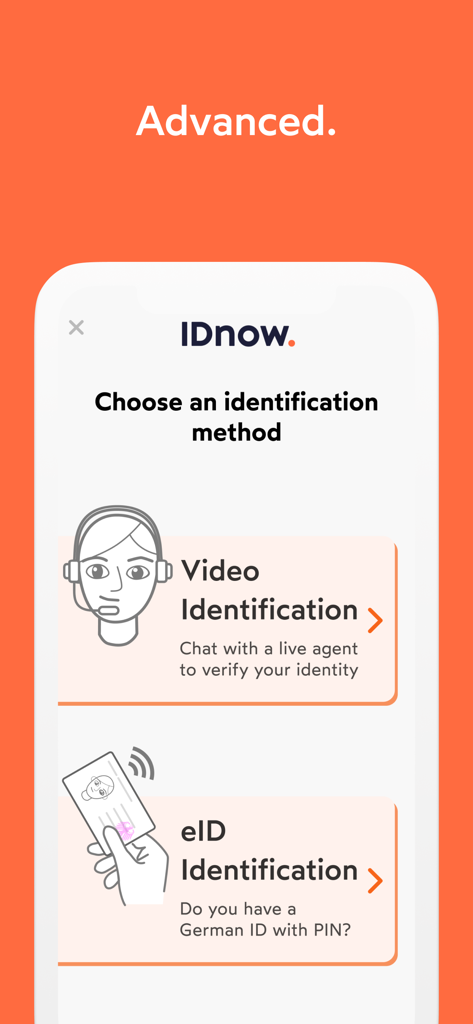 IDnow Online-Ident - Interface permettant de choisir les méthodes de vérification d'identité dans l'application IDnow, y compris les options vidéo et eID.