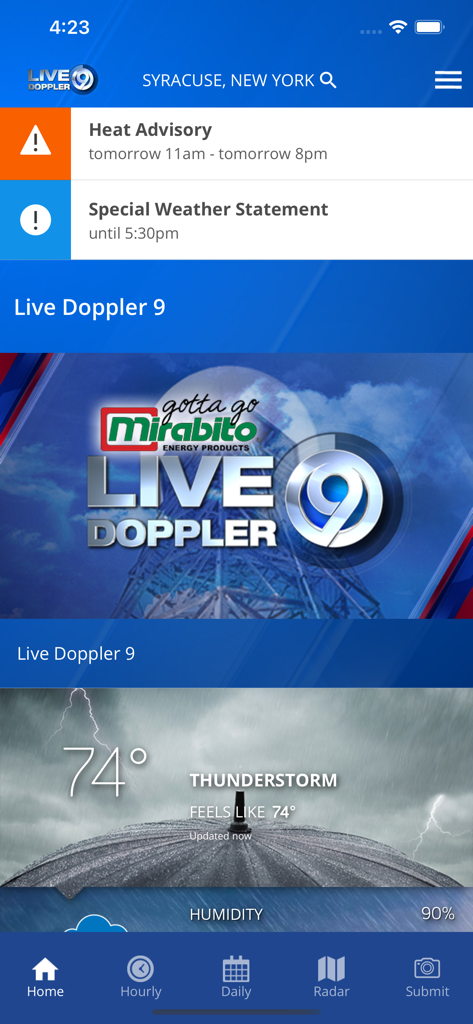 WSYR Storm Team app home screen displaying weather alerts and a thunderstorm forecast for Syracuse New York