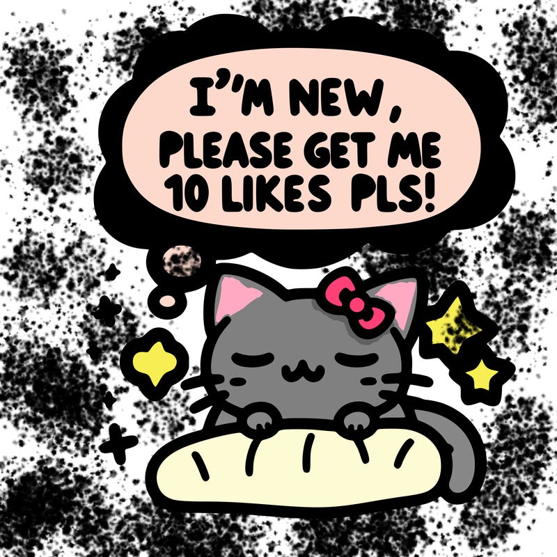 kitty taking a nap dream talking and saying "i'm new, please get me at least 10 likes pls!!"