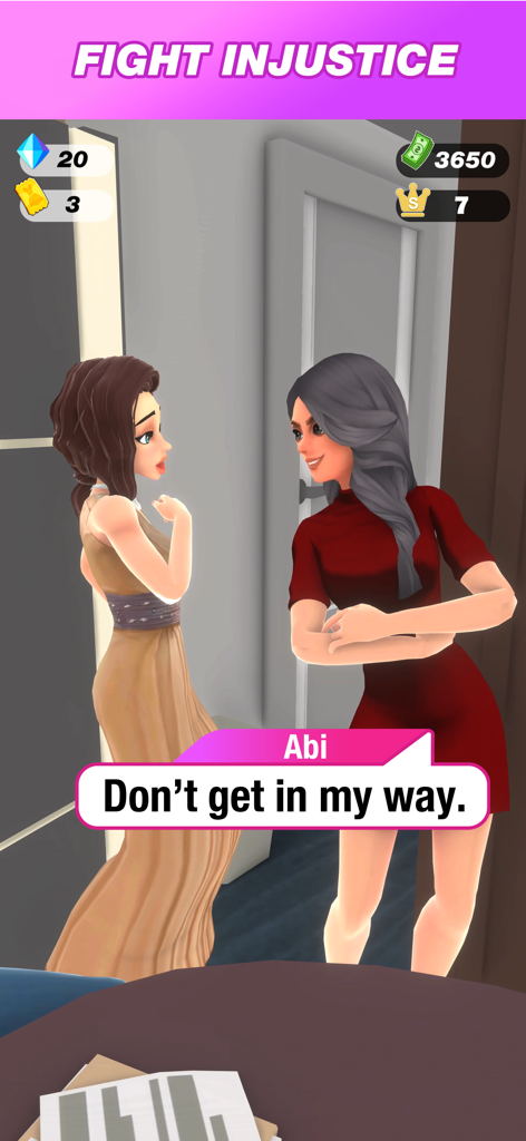 Become Office Queen - 두 캐릭터가 극적인 만남을 갖는 오피스 퀸 되기 게임의 한 장면