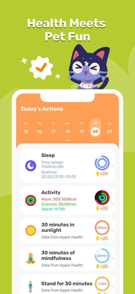 EaseMe:Self Care Pet Cat - EaseMe app interface showing daily health trackers for sleep and activity alongside a cute virtual cat character