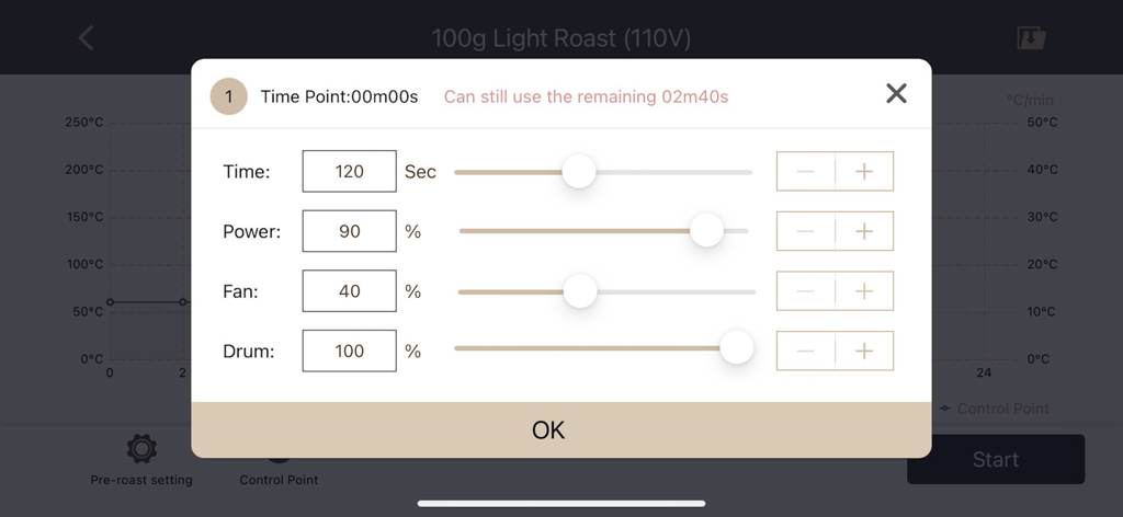 Sandbox Smart - Manual coffee roast settings interface in Sandbox Smart app showing power fan and drum speed controls