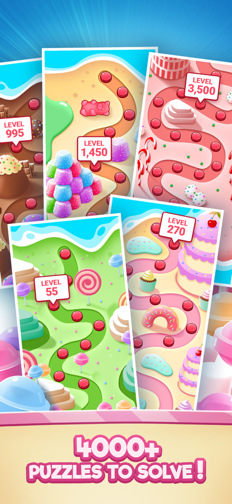 Colorful candy-themed maps from the Word Sweets game showcasing over 4000 levels to solve.