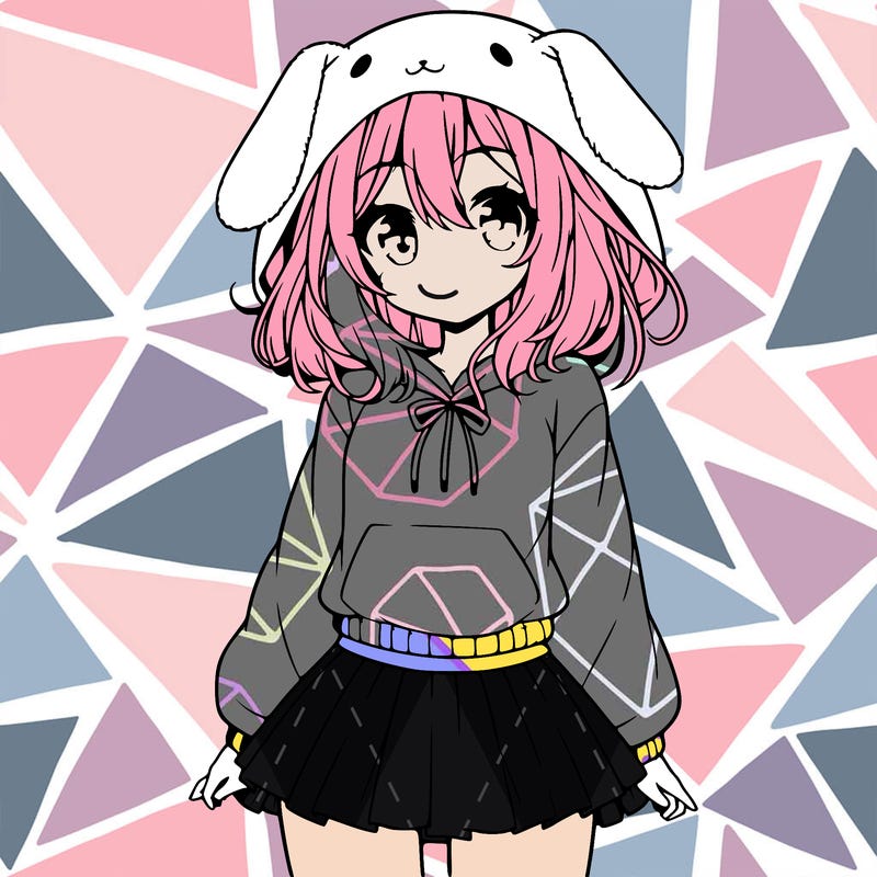 pretty anime girl wearing a fluffy hoodie with bunny ears on the hood and a skirt