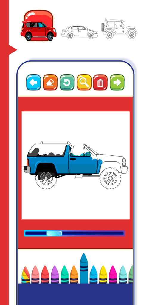A childrens coloring app interface showing an off road truck being colored blue with various digital crayons at the bottom