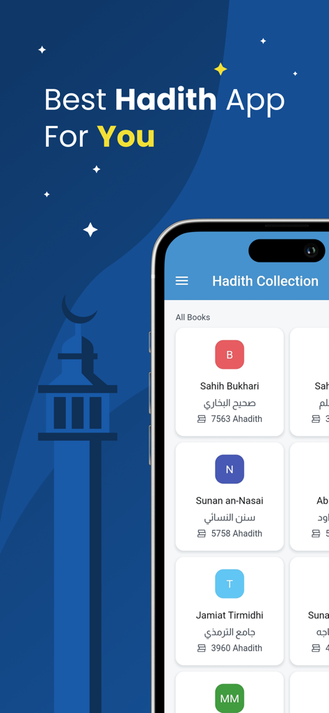 Screenshot of the Hadith Collection app library showing Sahih Bukhari and other authentic books