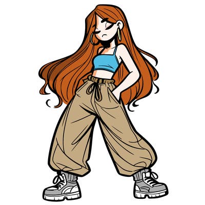 girl in baggy pants crop top and long hair