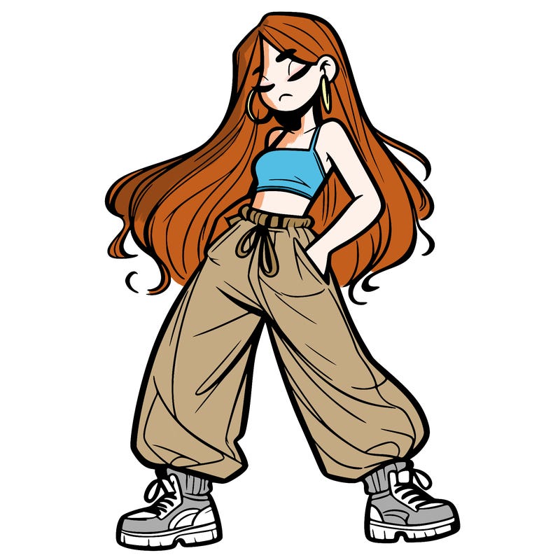 girl in baggy pants crop top and long hair