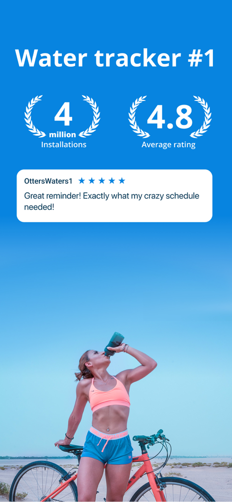Water Time app screenshot showing high ratings and a positive user review over a photo of a woman drinking water during a bike ride
