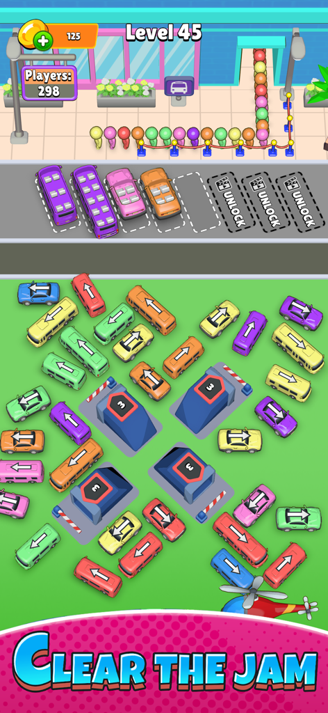 Tidy Bus 3D -Traffic Puzzle GO - Pantalla de juego de Tidy Bus 3D que muestra un atasco de vehículos coloridos con flechas de movimiento y una estación de embarque de autobuses