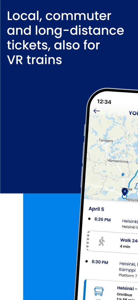Reitit ja Liput - Reitit ja Liput app interface showing a multi-modal travel itinerary and map for local and long-distance transport