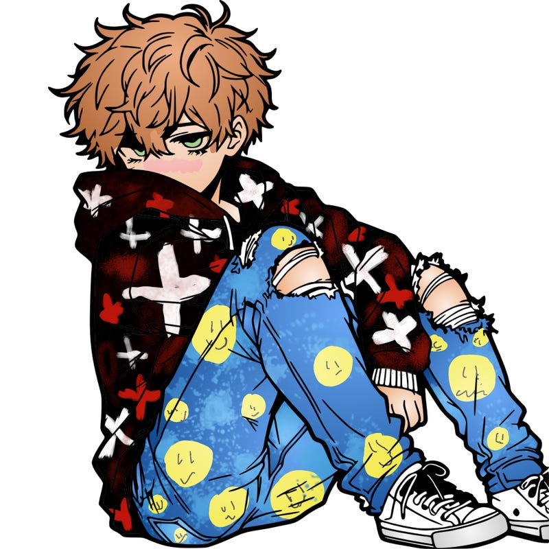 a male hoddie ripped jeans messy hair anime