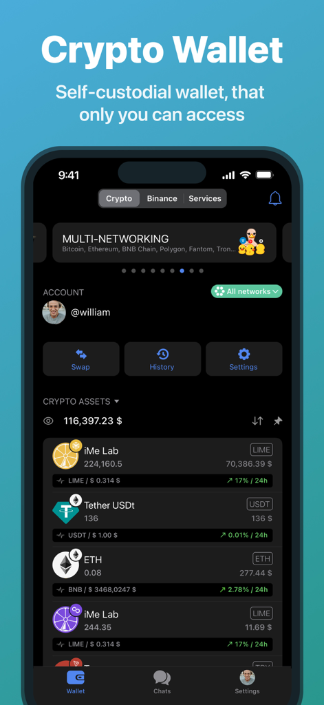 Interface da carteira de criptomoedas do mensageiro iMe mostrando ativos de múltiplas redes e saldo da conta