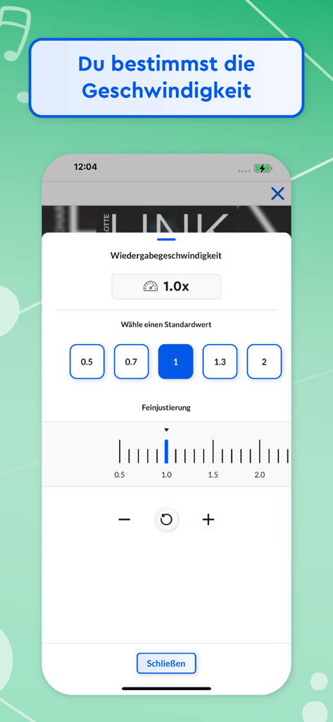 A mobile interface for adjusting audiobook playback speed with preset buttons and a fine-tuning slider.