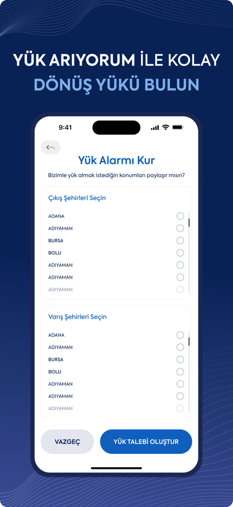 Kamion app interface for truck drivers to set up freight load alerts by selecting origin and destination cities.