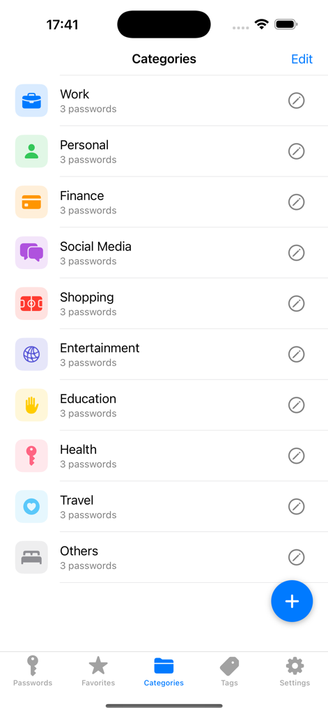 Interface de aplicativo móvel mostrando categorias de senhas organizadas, incluindo trabalho, finanças pessoais e redes sociais