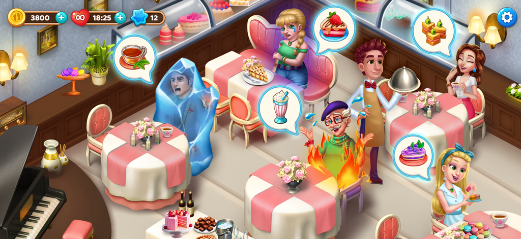 A busy restaurant scene in Manor Cafe showing characters with dramatic animations and food requests.