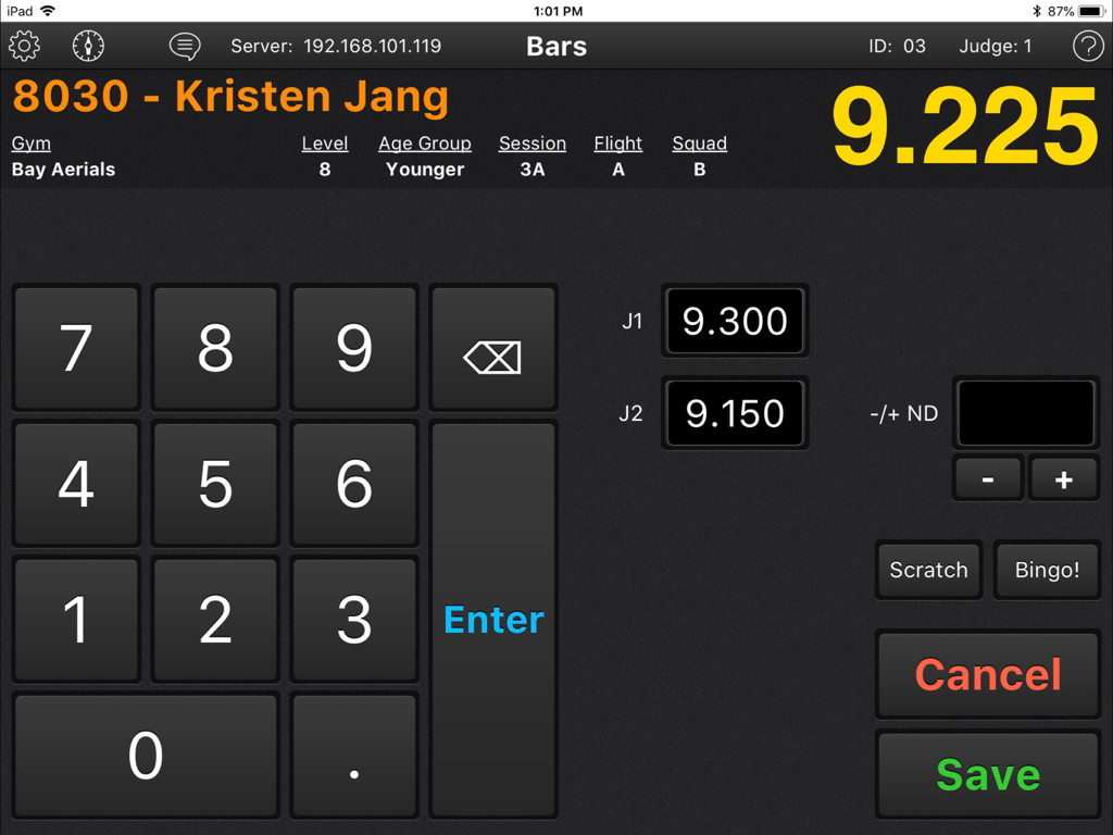 ProScore iKeypad - ProScore iKeypad digital scoring interface for a gymnastics bars event showing athlete details and score entry keypad.