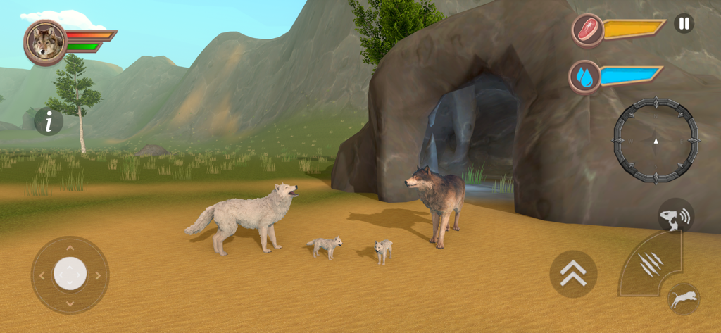 Wild Wolf Family Simultator - Une famille de loups avec deux adultes et deux louveteaux se tenant à l'extérieur de leur tanière dans un environnement sauvage.