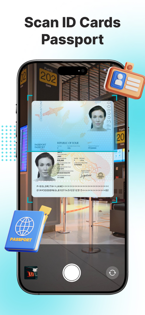 ScanX Pro: Scan PDF, Document - ScanX Pro app interface showing the passport and ID card scanning feature on a smartphone