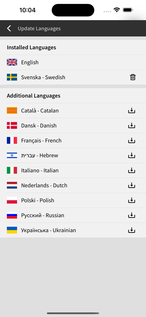 Ianseo Scorekeeper NG - Language update screen in Ianseo Scorekeeper NG showing a list of installed and additional languages available for download