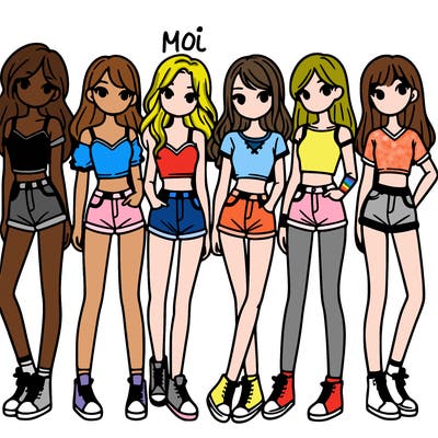 a group of girls wearing crop tops and shorts