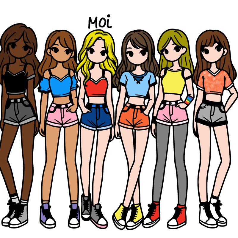 a group of girls wearing crop tops and shorts