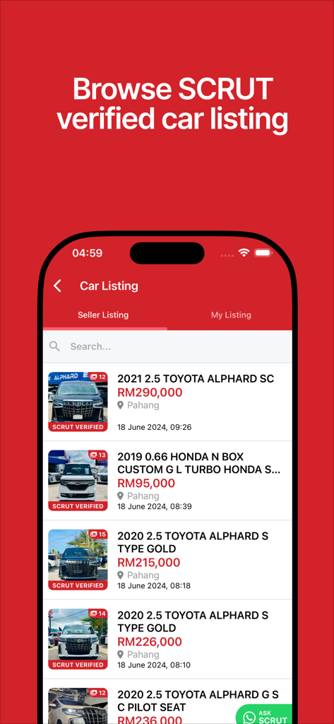 SCRUT - A mobile app screen showing verified used car listings in Malaysia with prices and models.