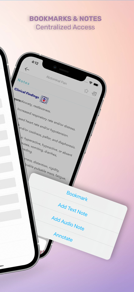 RNotes app interface showing options to add bookmarks, text notes, audio notes, and annotations for clinical information.