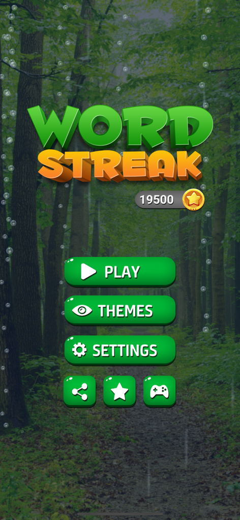 Word Streak: Play Daily Puzzle - Hauptmenü des mobilen Spiels Word Streak mit entspannendem Waldd Hintergrund und Play-Button.