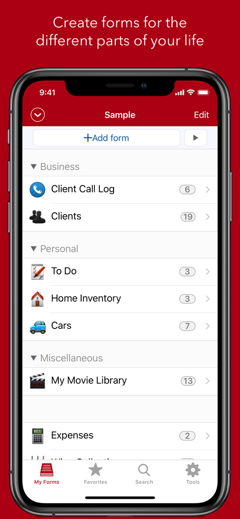 Tap Forms Organizer 5 Database - Interfaz de la aplicación Tap Forms que muestra varias categorías de registros comerciales y personales en un iPhone.