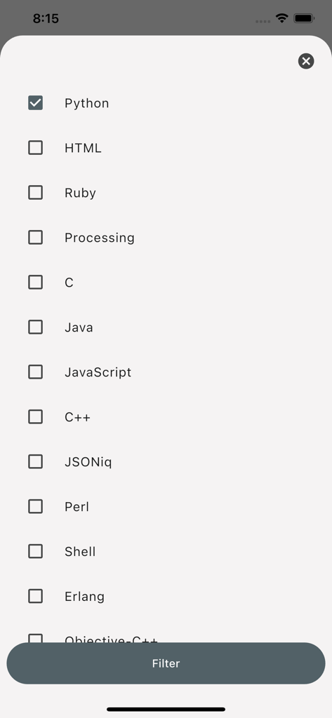 Codiscover: Code Browser - Tela de seleção de filtro de linguagem de programação do aplicativo móvel Codiscover