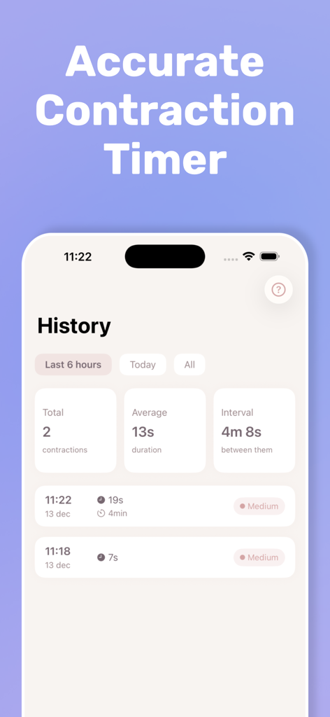 Contraction Timer: Pregnancy - Screen showing a history of labor contractions with details on frequency duration and intensity