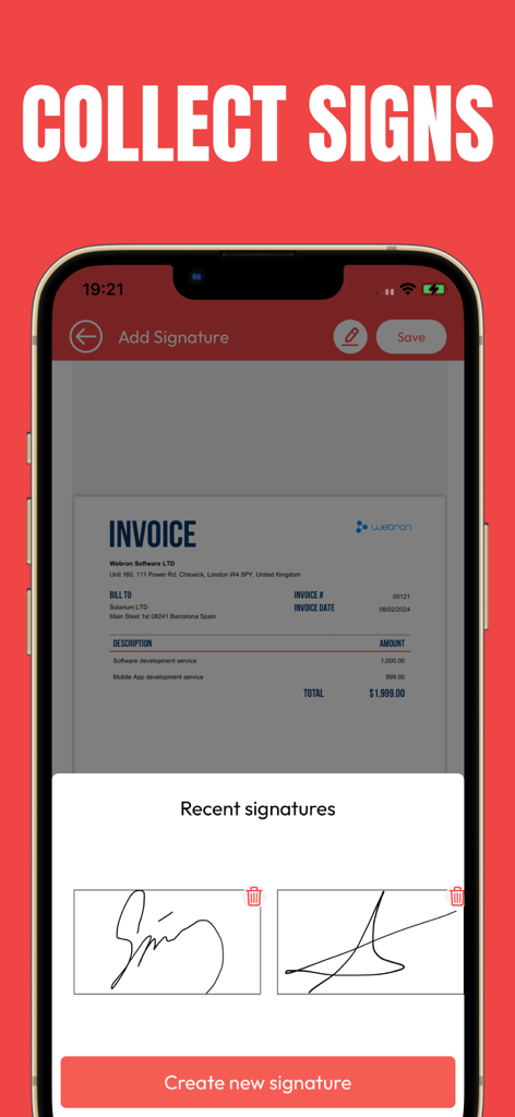 Bildschirm der mobilen App zum Hinzufügen und Verwalten digitaler Signaturen auf einer PDF-Rechnung