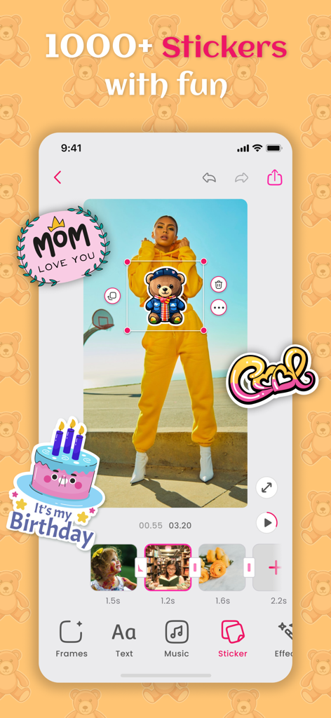 Clifie: Reels & Clip Maker App - A screenshot of the Clifie app interface showing a video being edited with various stickers including a birthday cake and a teddy bear.