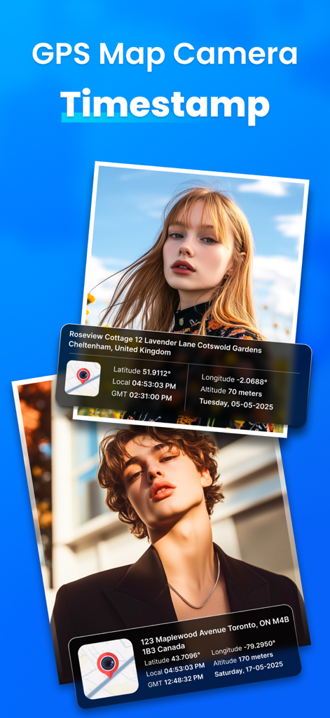 GPS Map Camera – Time Stamp - Captura de pantalla de la aplicación GPS Map Camera que muestra fotos con datos de ubicación integrados, marca de tiempo y superposiciones de mapas