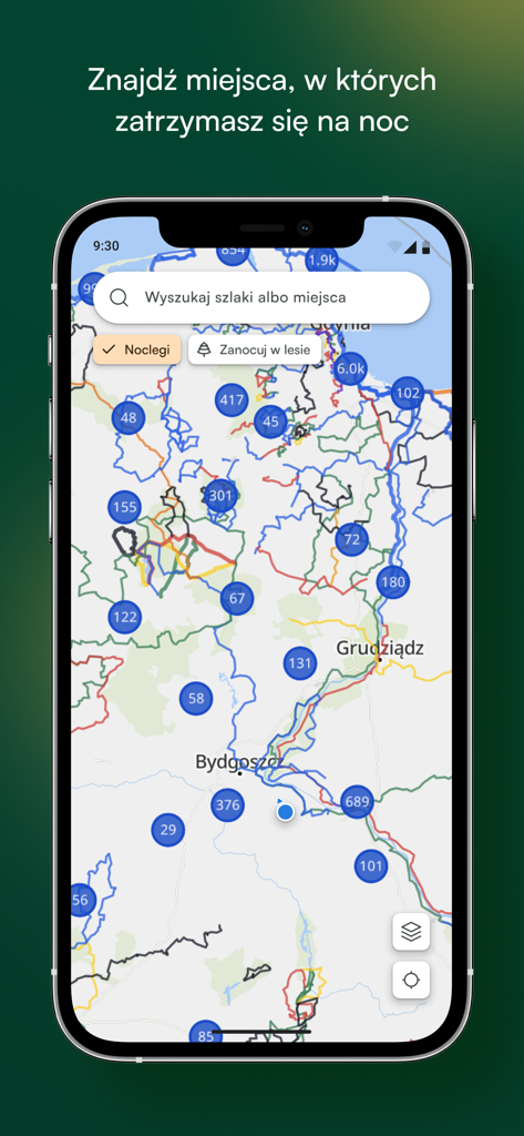 Velomapa - Velomapa App-Oberfläche, die Radwege und die Suche nach Unterkünften auf einer Karte von Polen zeigt