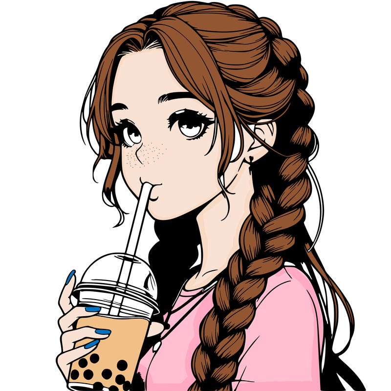 realistic girl with braided hair drinking boba