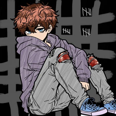 a male hoddie ripped jeans messy hair anime