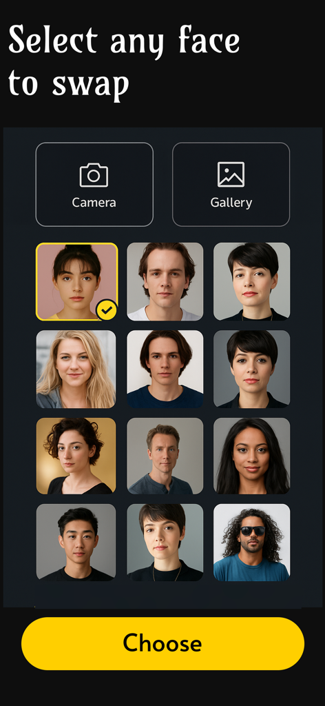 AI video&face swap-NeFace - 카메라 및 갤러리 액세스 버튼과 함께 초상화 사진 그리드가 특징인 '바꿀 얼굴 선택'이라는 제목의 모바일 앱 화면.